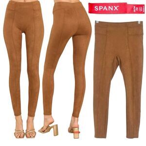 Spanx Faux Suede Leggings Brown High Waist Thick Pull On Pants Size Medium EUC